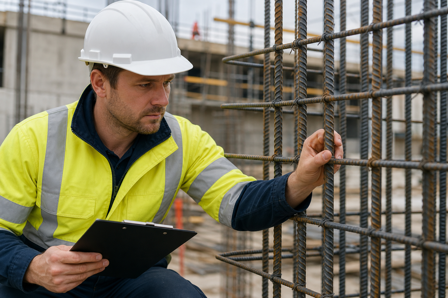 Steel fixers working with PPE and site safety controls in place