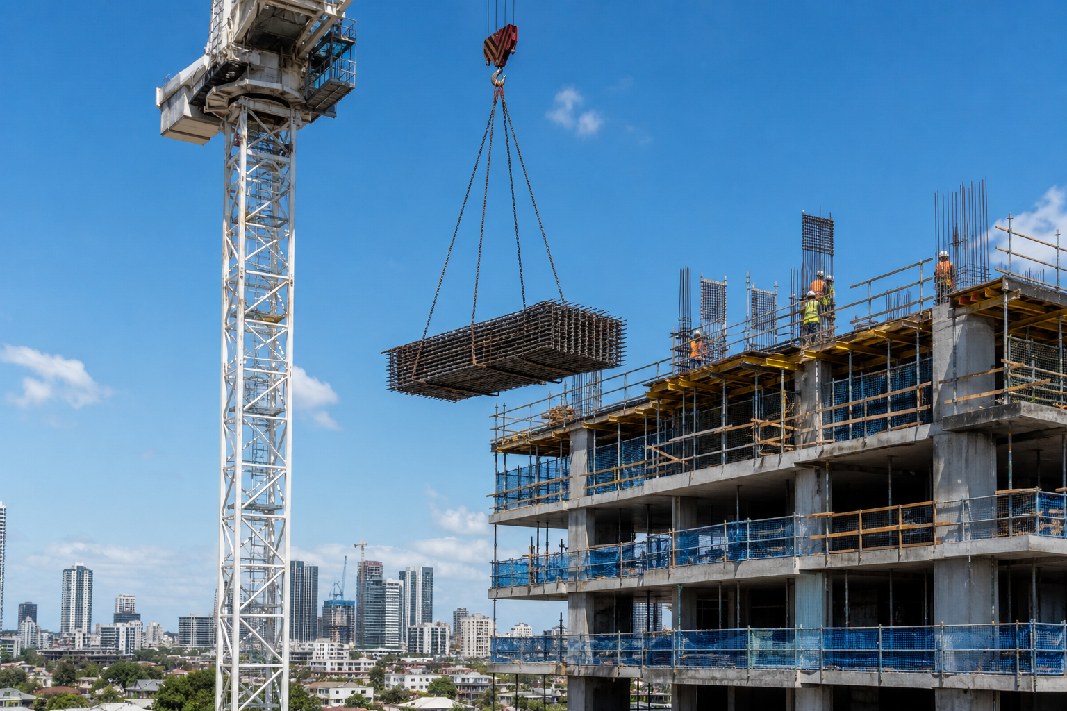 Steel fixing coordinated with tower crane on a high-rise site